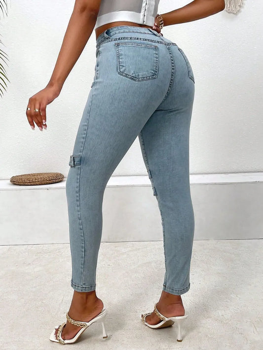 Decorative Buckle Skinny Jeans with Pockets - E-Esther Clothing Store