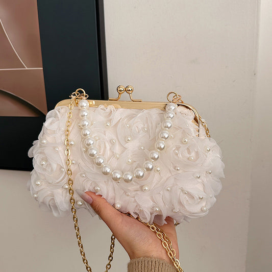 Net Lace Pleated Clutch Evening Handbag Korean Sweet Style Pearl Chain Crossbody Bag - E-Esther Clothing Store