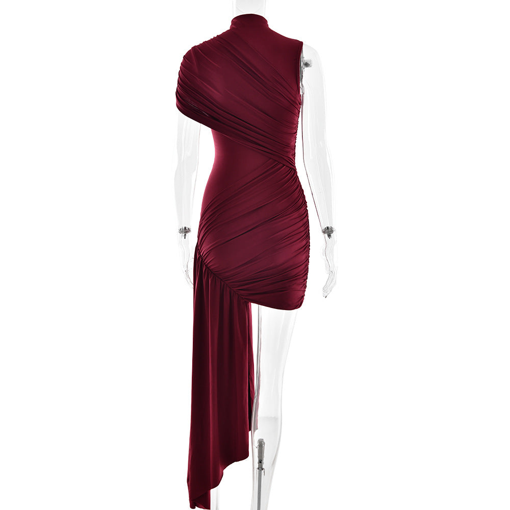 European and American slim fit ribbon dress with round neck pleats irregular hips sleeveless dress - E-Esther Clothing Store