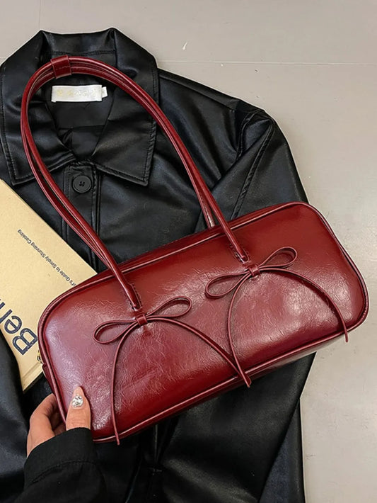 PU Leather Bow Trim Shoulder Bag - E-Esther Clothing Store