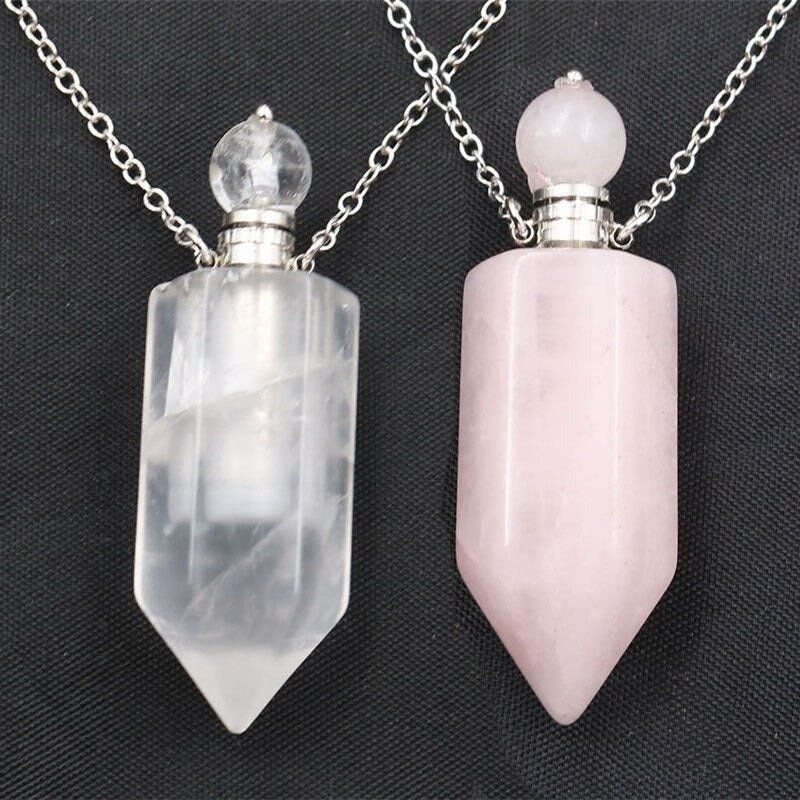 Natural Crystal Hexagonal Perfume Bottle Pendant Necklace Fluorite Pendant Essential Oil Jar Chain Necklace - E-Esther Clothing Store