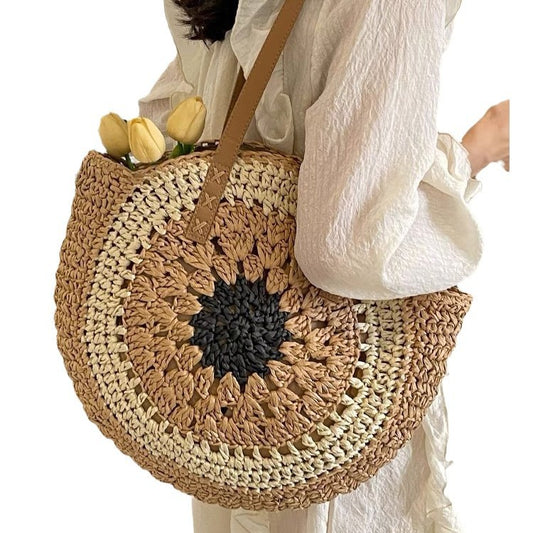 Paper rope hollow out colorful round plate grass woven bag casual beach bag one shoulder fashionable woven bag - E-Esther Clothing Store