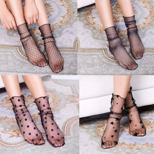 Spring and Summer Retro Lace Floral Mesh Women Socks Thin Middle Tube Transparent Sock Women Breathable Silk Ultrathin Sock New - E-Esther Clothing Store
