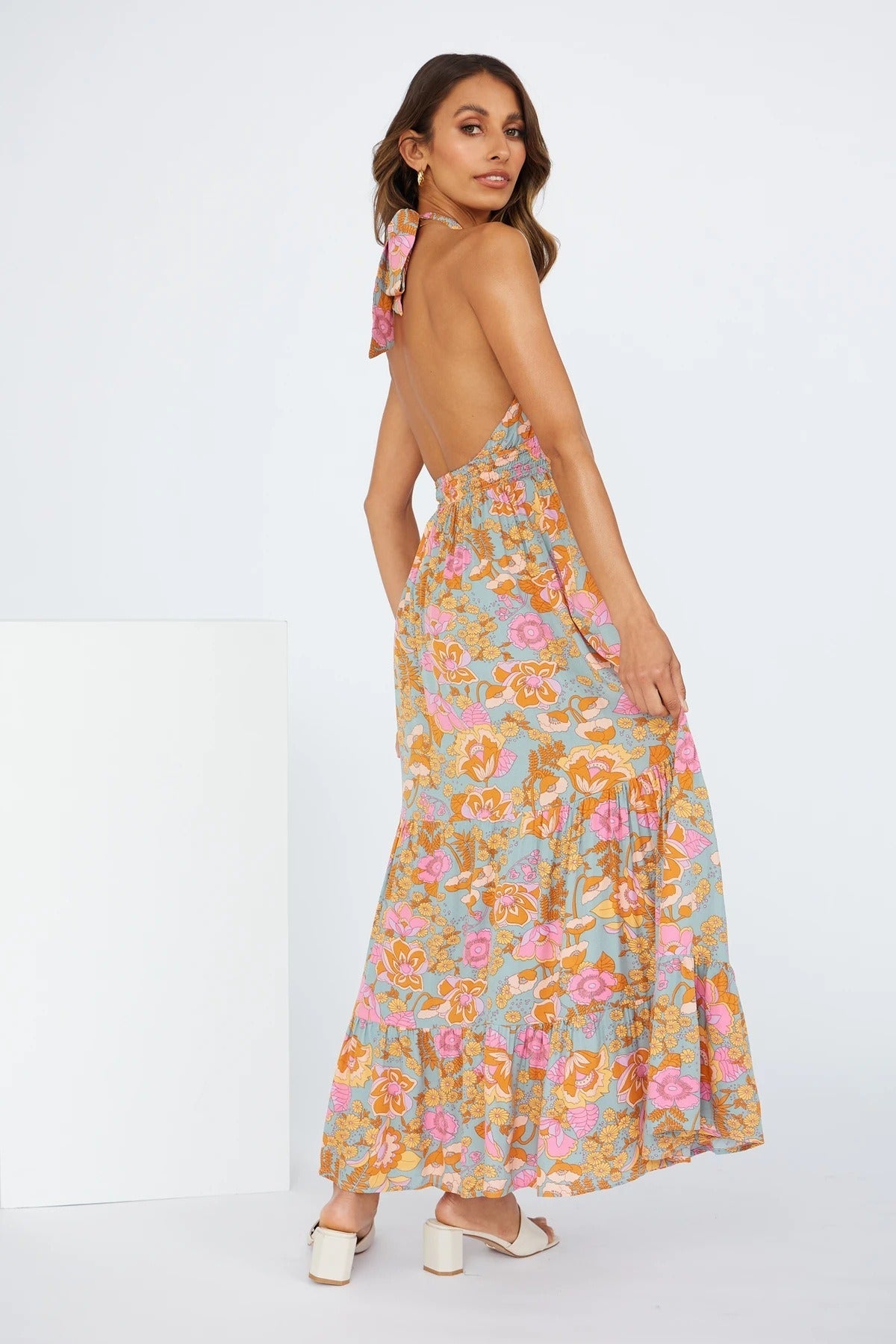 European and American Spring and Summer New Womens Sexy Strap Hanging Neck Split Print Holiday Dress - E-Esther Clothing Store