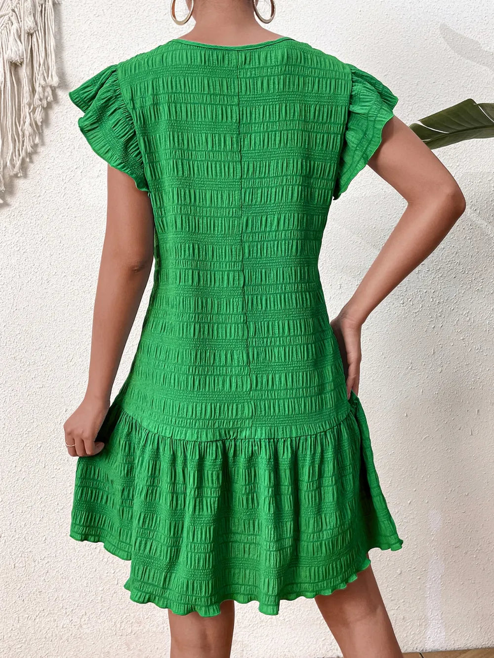 Textured Round Neck Ruffle Hem Dress - E-Esther Clothing Store