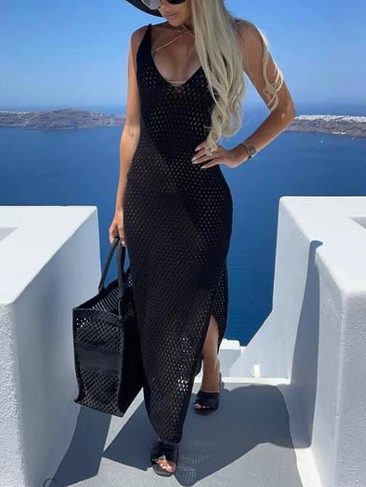 Slit Openwork V-Neck Sleeveless Cover Up - E-Esther Clothing Store