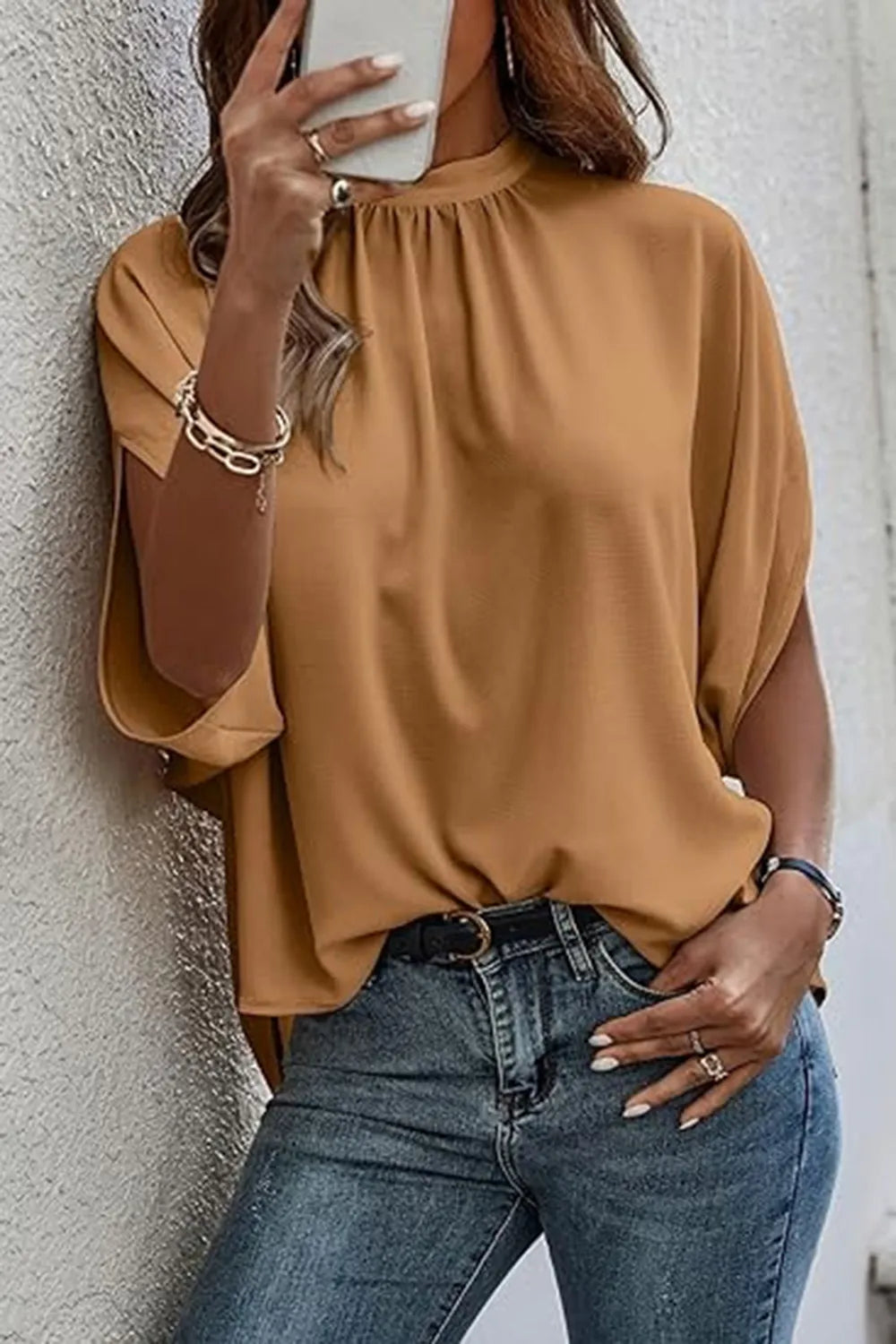 Tie Back Slit Half Sleeve Blouse - E-Esther Clothing Store