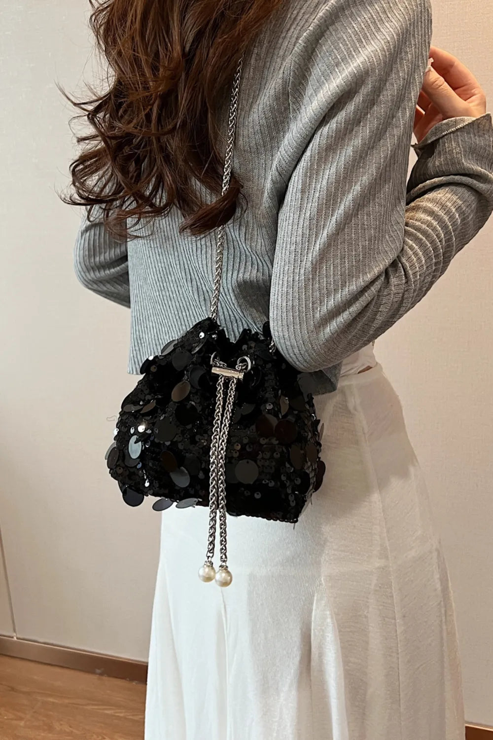 Drawstring Sequin Crossbody Bag - E-Esther Clothing Store