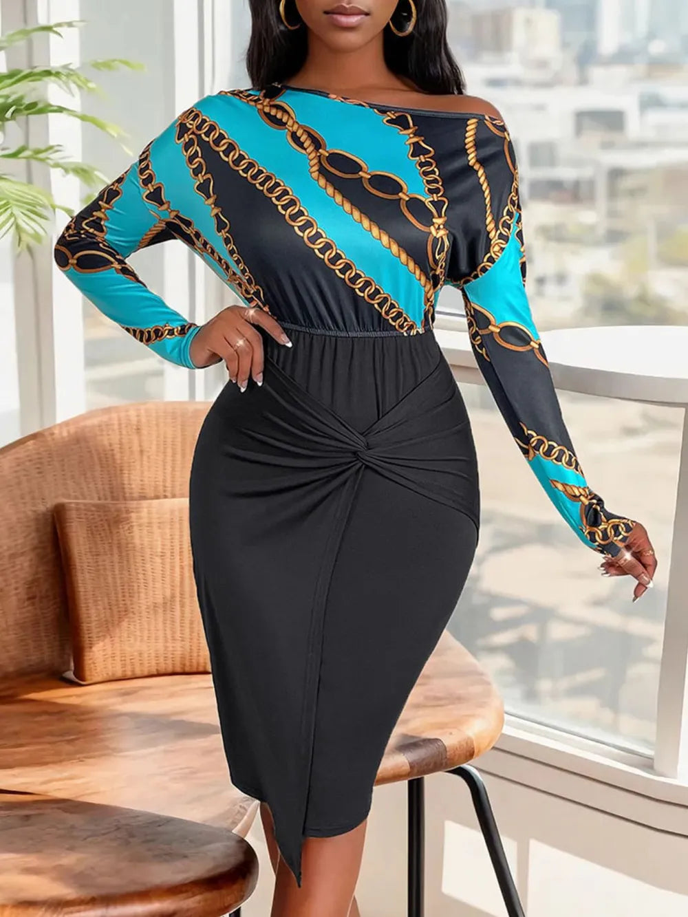 Single shoulder slim fit twisted dress with patchwork temperament and hip hugging skirt - E-Esther Clothing Store