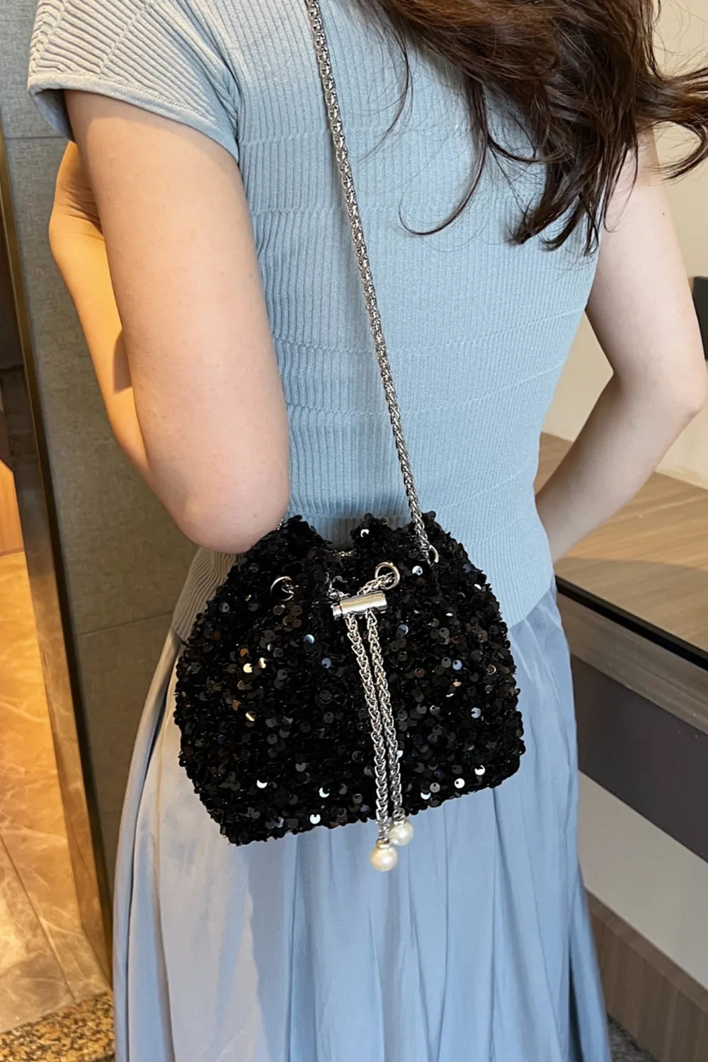 Sequin Chain Drawstring Bucket Bag - E-Esther Clothing Store