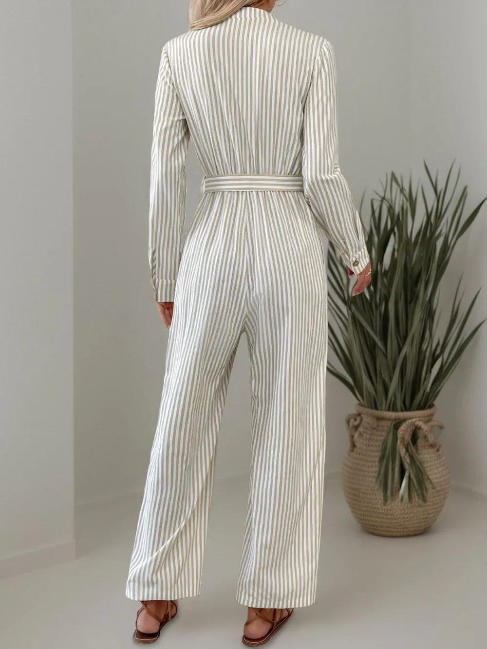 V-neck jumpsuit commuting style striped tie jumpsuit - E-Esther Clothing Store