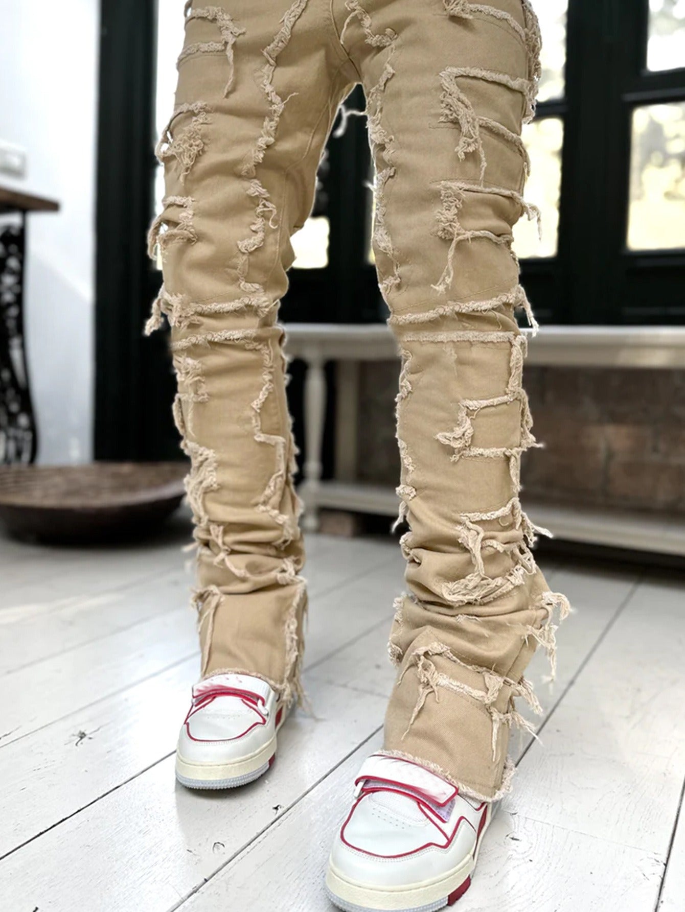 Men's denim straight leg pants with elastic patch fabric - E-Esther Clothing Store