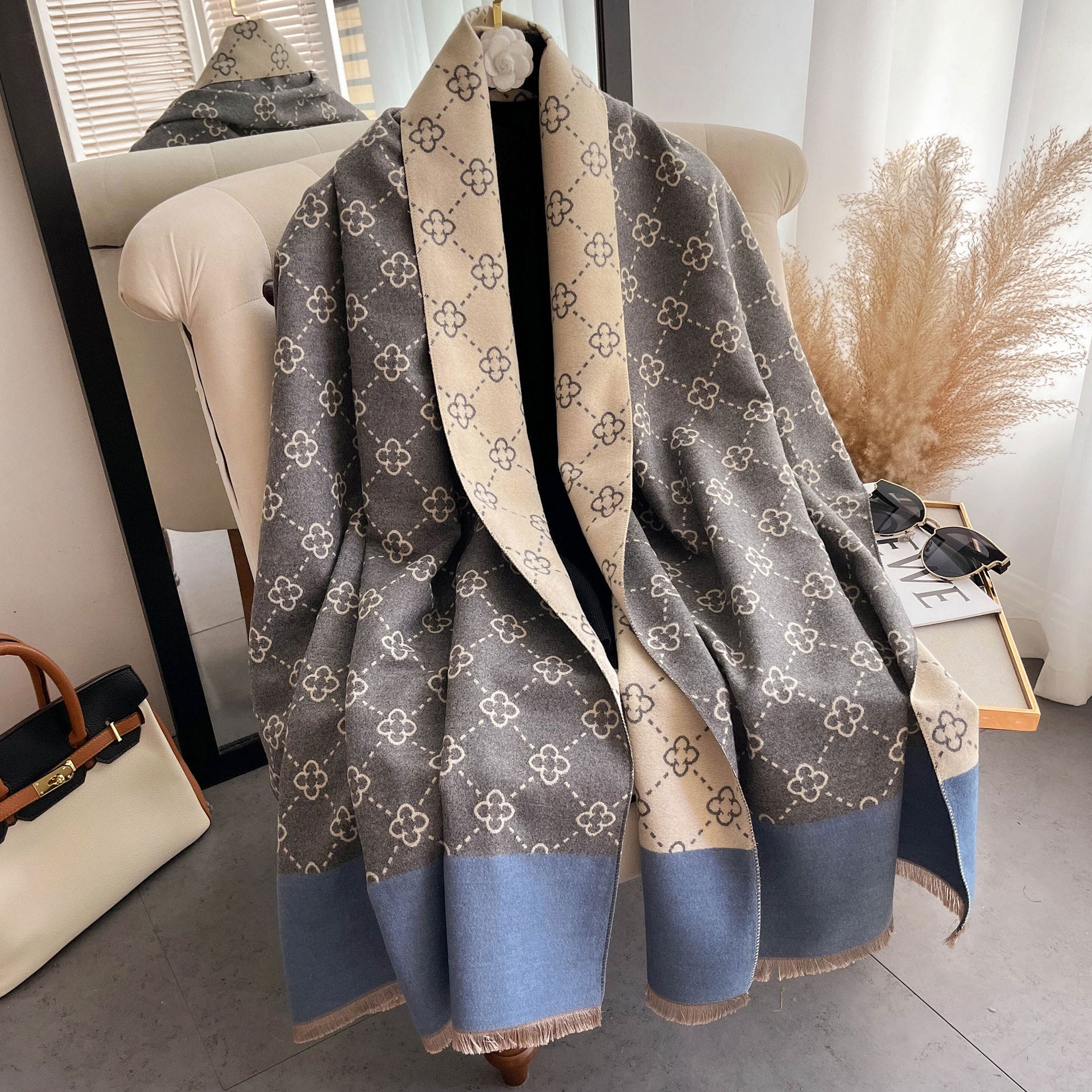 Imitation cashmere scarf women's sunflower pattern warm and thick long shawl scarf - E-Esther Clothing Store