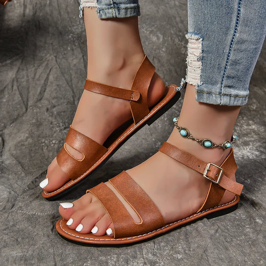 Open Toe Buckle Flat Sandals - E-Esther Clothing Store