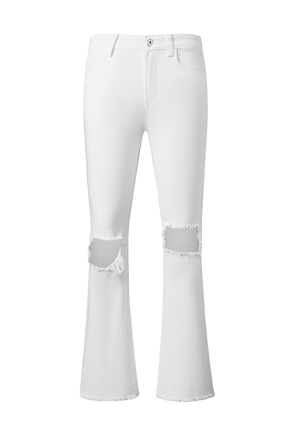 White Distressed Hollow-out Knee Frayed Flare Jeans - E-Esther Clothing Store