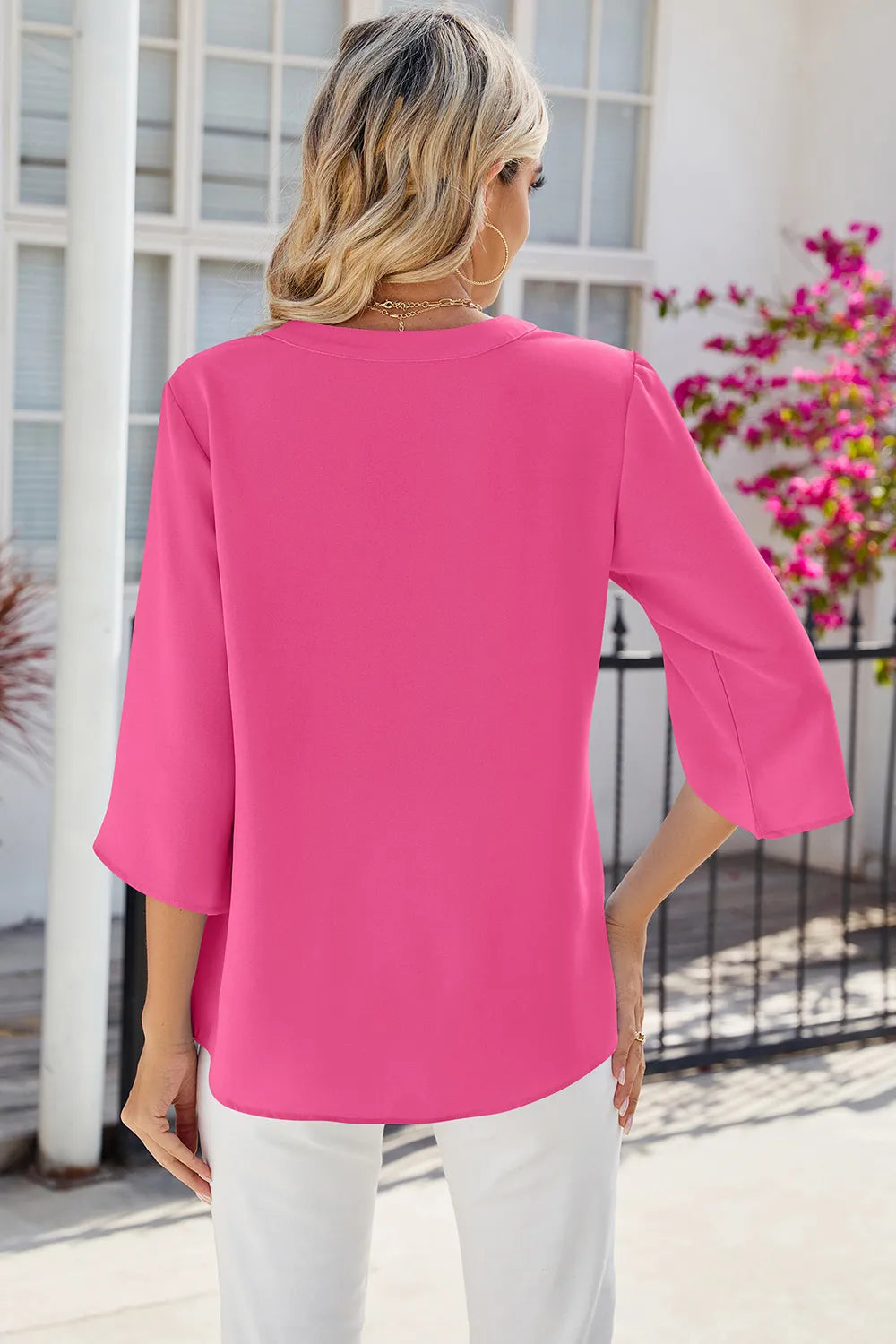 Solid color V-neck mid sleeve chiffon top for women - E-Esther Clothing Store