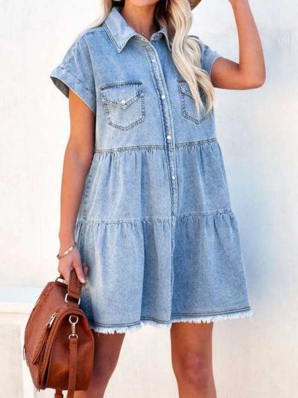 Raw Hem Short Sleeve Denim Dress - E-Esther Clothing Store