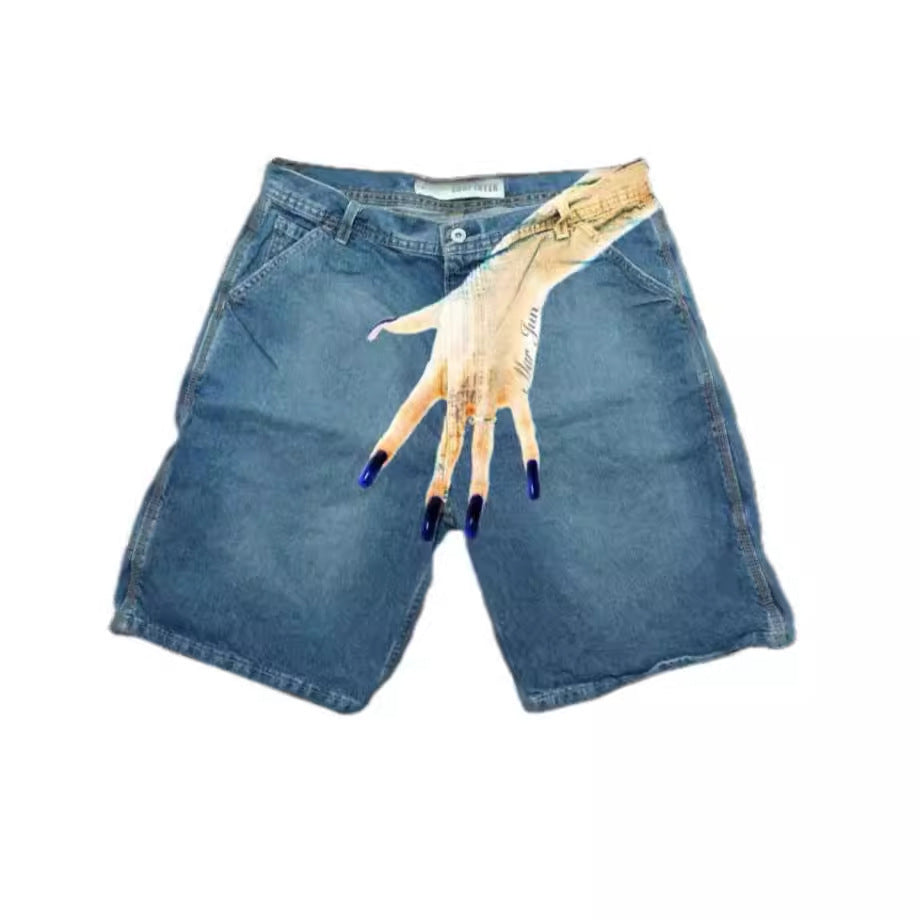 European and American Y2K hip-hop trend pattern printed denim shorts for men, high street fashion brands, couple casual five quarter pants - E-Esther Clothing Store