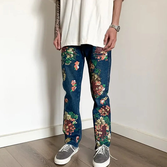 Style hand-painted floral graffiti fringed small straight leg men's trendy jeans - E-Esther Clothing Store