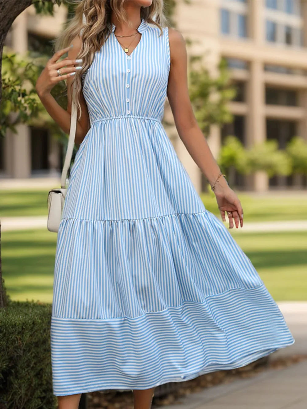Striped Notched Sleeveless Midi Dress - E-Esther Clothing Store