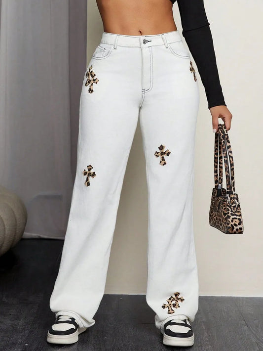 Leopard Cross Detail Straight Leg Jeans - E-Esther Clothing Store