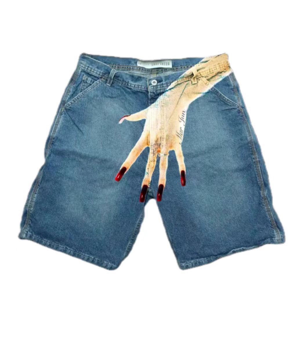 European and American Y2K hip-hop trend pattern printed denim shorts for men, high street fashion brands, couple casual five quarter pants - E-Esther Clothing Store