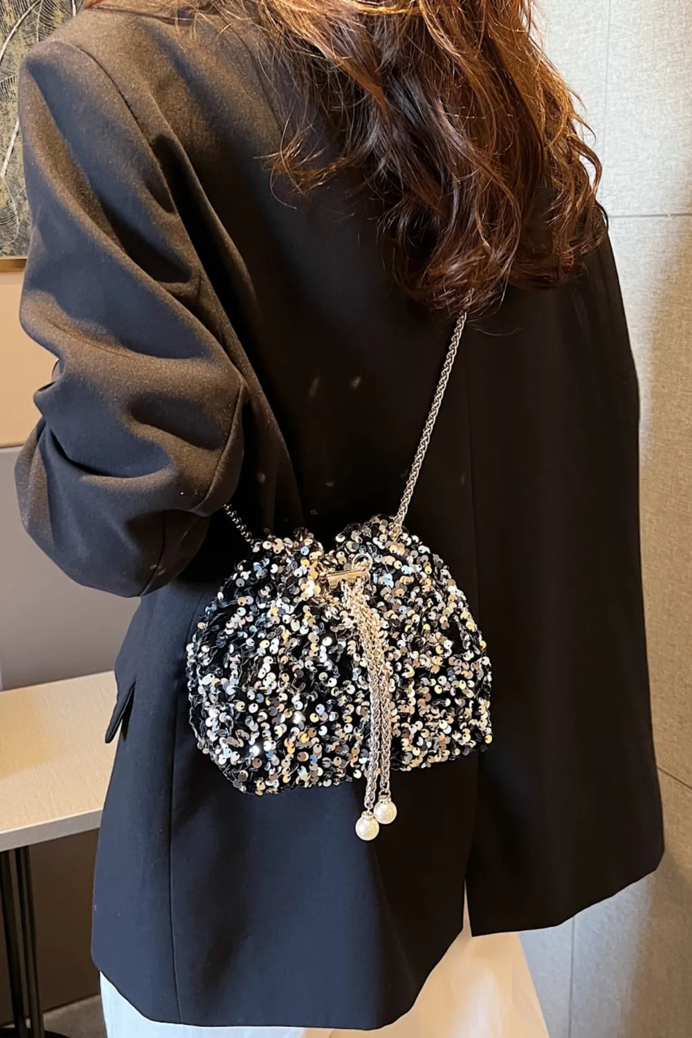Sequin Chain Drawstring Bucket Bag - E-Esther Clothing Store