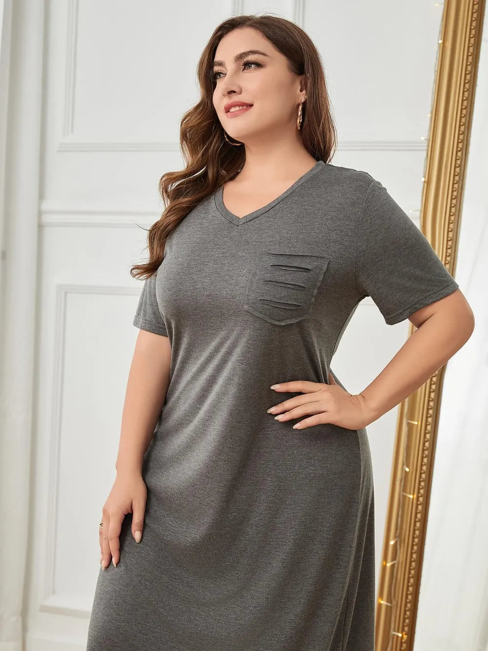 Plus Size Pocketed V-Neck Short Sleeve Lounge Dress - E-Esther Clothing Store