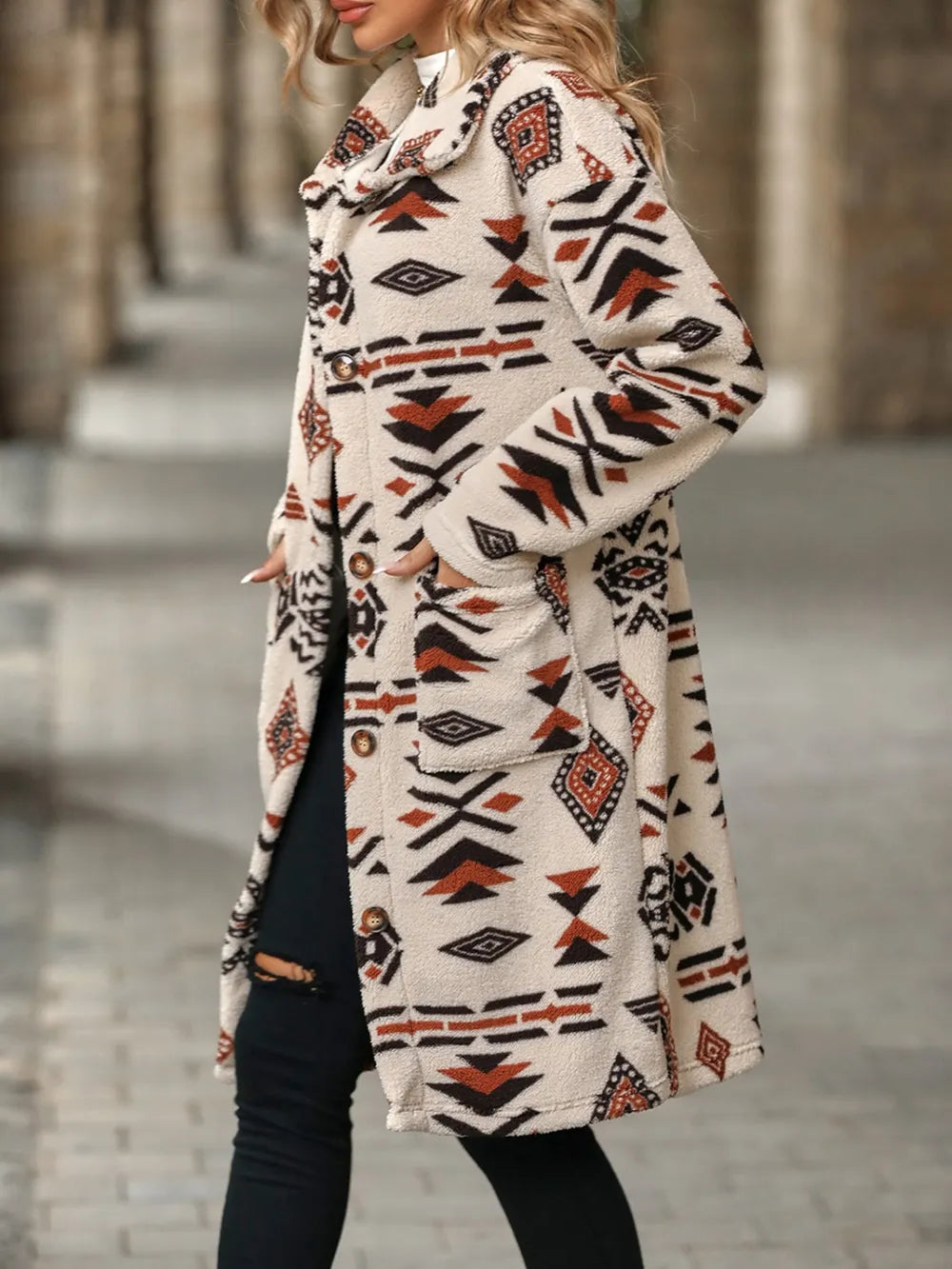 Geometric Pocketed Dropped Shoulder Coat - E-Esther Clothing Store