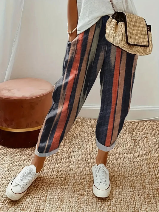 Striped Pocketed Elastic Waist Pants - E-Esther Clothing Store