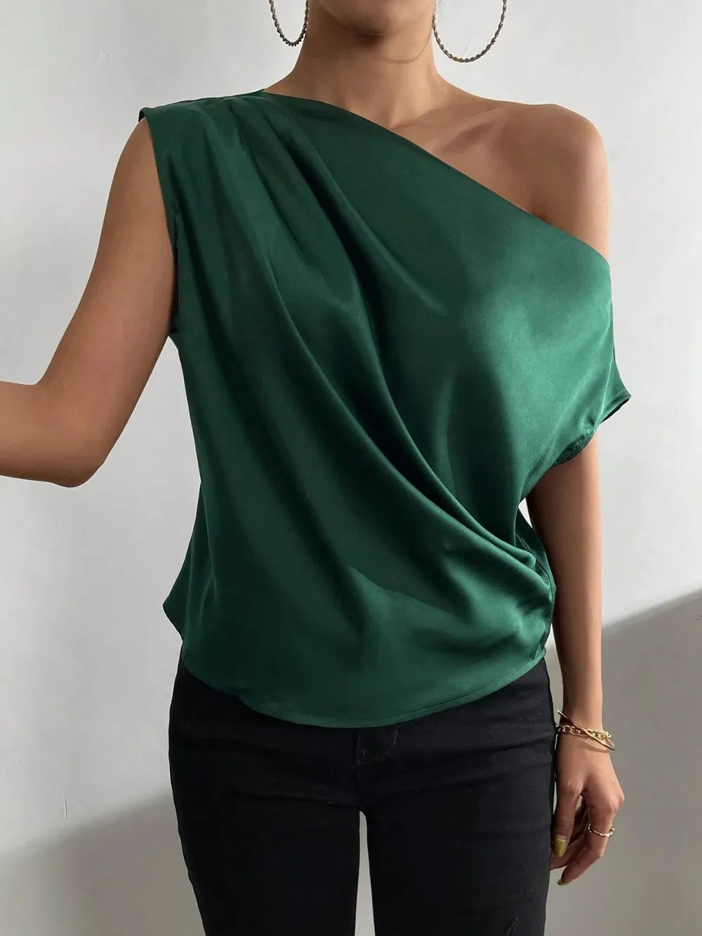 Women's Fashion Versatile Slant Neck Pinch Fold Single Shoulder Asymmetric Tank Top - E-Esther Clothing Store