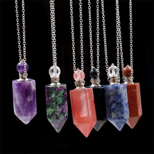 Natural Crystal Hexagonal Perfume Bottle Pendant Necklace Fluorite Pendant Essential Oil Jar Chain Necklace - E-Esther Clothing Store