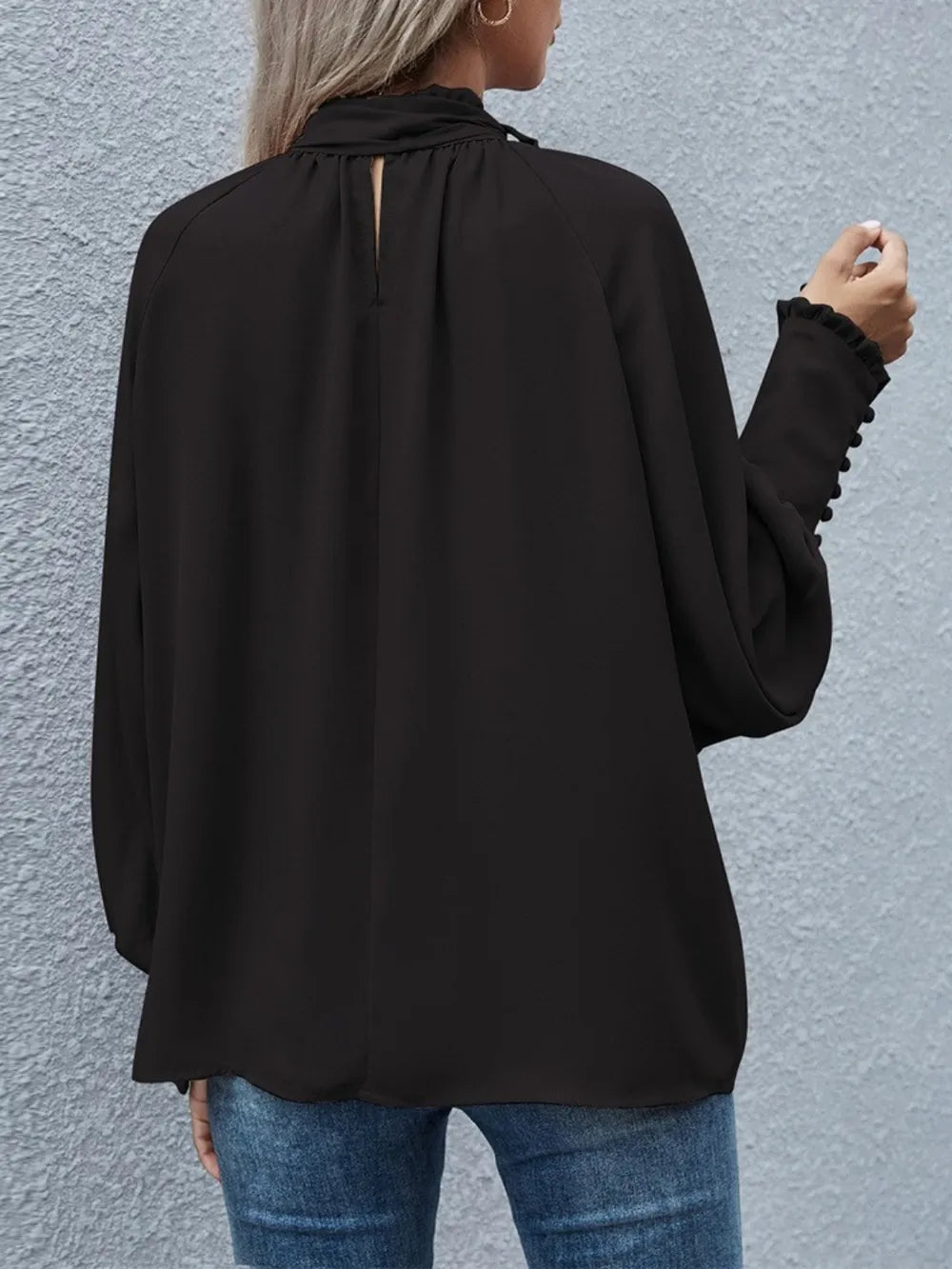 Tie Neck Lantern Sleeve Blouse - E-Esther Clothing Store