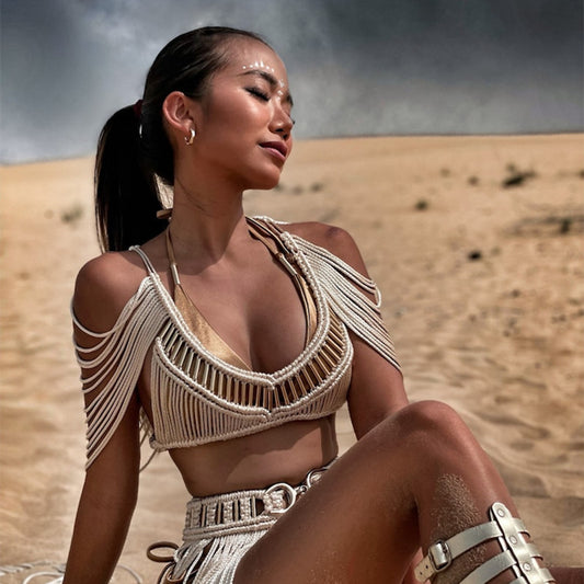 Women's handmade woven tassel long skirt, new creative Greek goddess outfit, beach travel sexy split body wrapped chest - E-Esther Clothing Store