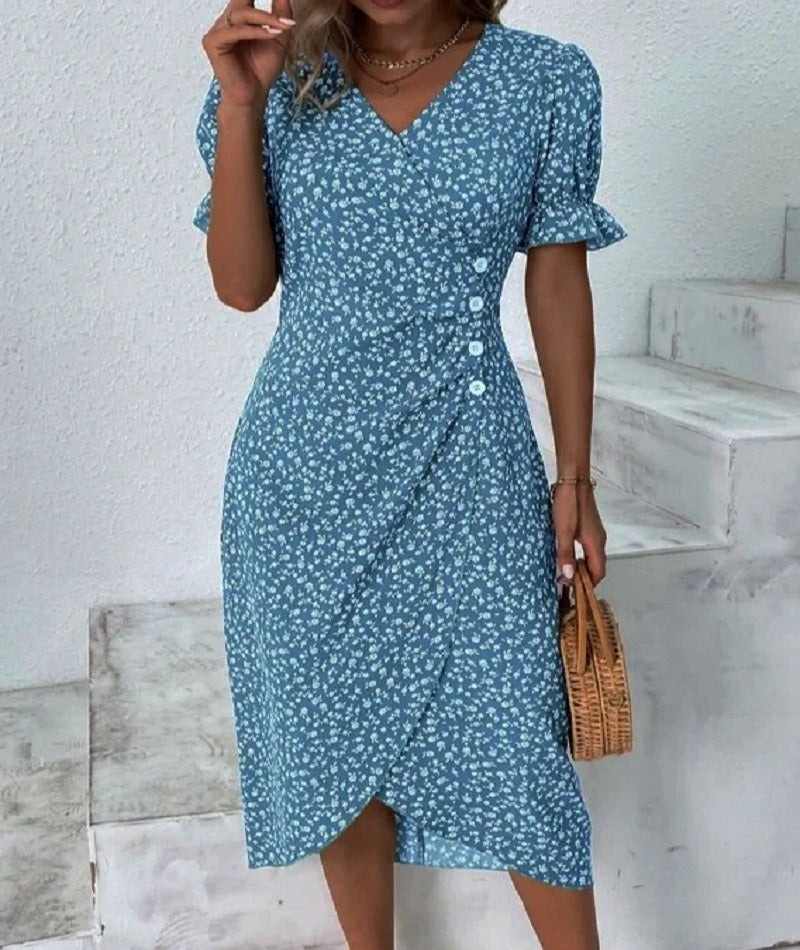European and American Summer New Womens Vacation Leisure Flower Irregular Bottom V Neck Dress - E-Esther Clothing Store