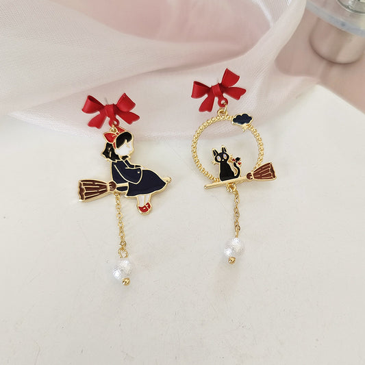 Bow cartoon character cat earrings, personalized and creative street photography drip oil earrings - E-Esther Clothing Store
