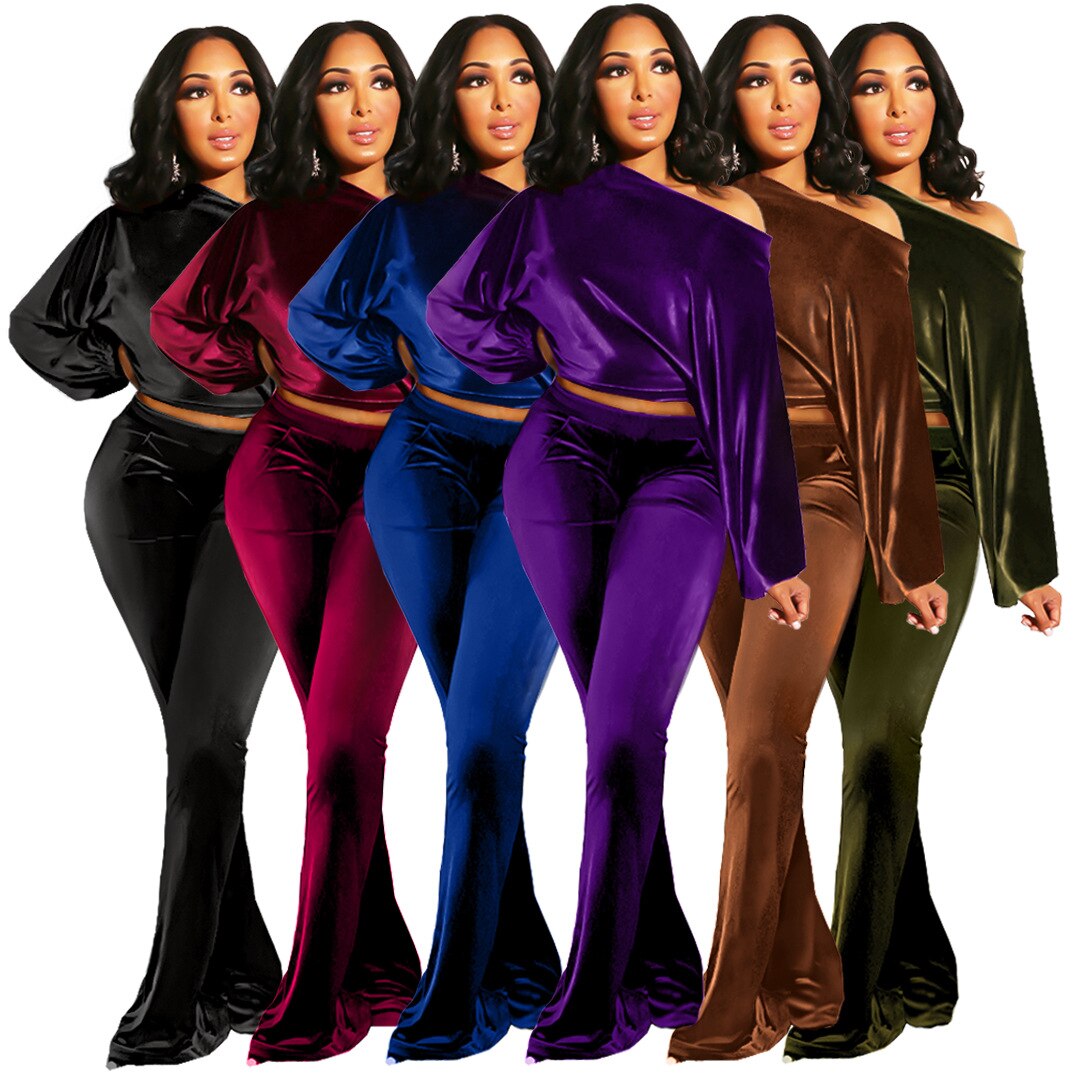 Autumn and Winter Women's Suit Pants Nightclub Sexy T-shirt Flannelette One Shoulder Slim Fit Elegant Women's 2-piece Set - E-Esther Clothing Store