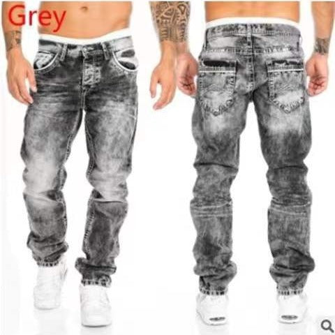 European and American new jeans casual open line pants straight leg men's pants hip-hop jeans - E-Esther Clothing Store