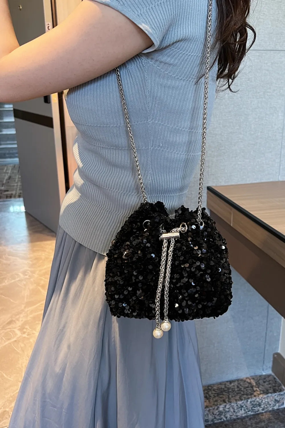 Sequin Chain Drawstring Bucket Bag - E-Esther Clothing Store