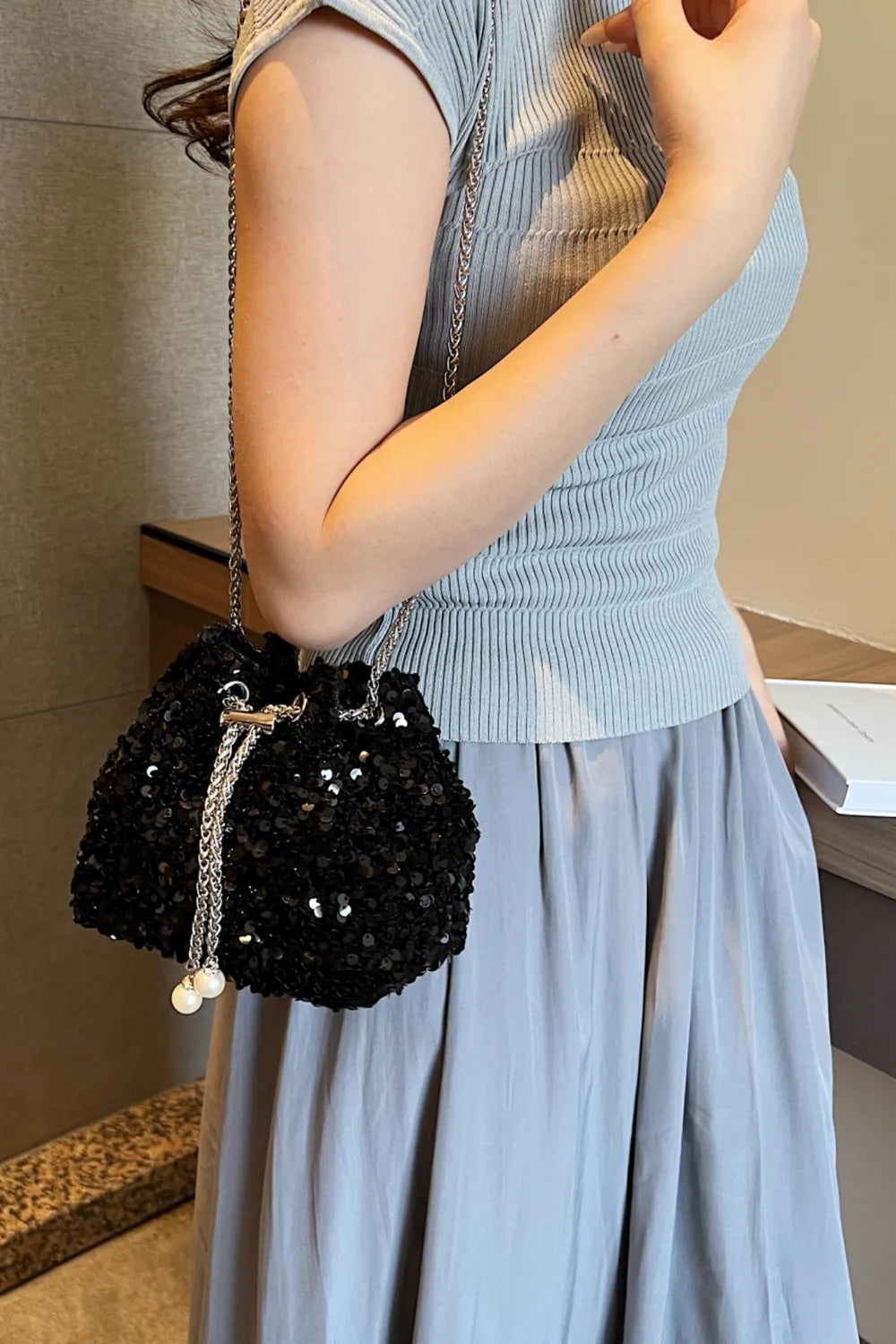 Sequin Chain Drawstring Bucket Bag - E-Esther Clothing Store