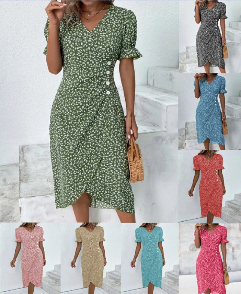 European and American Summer New Womens Vacation Leisure Flower Irregular Bottom V Neck Dress - E-Esther Clothing Store