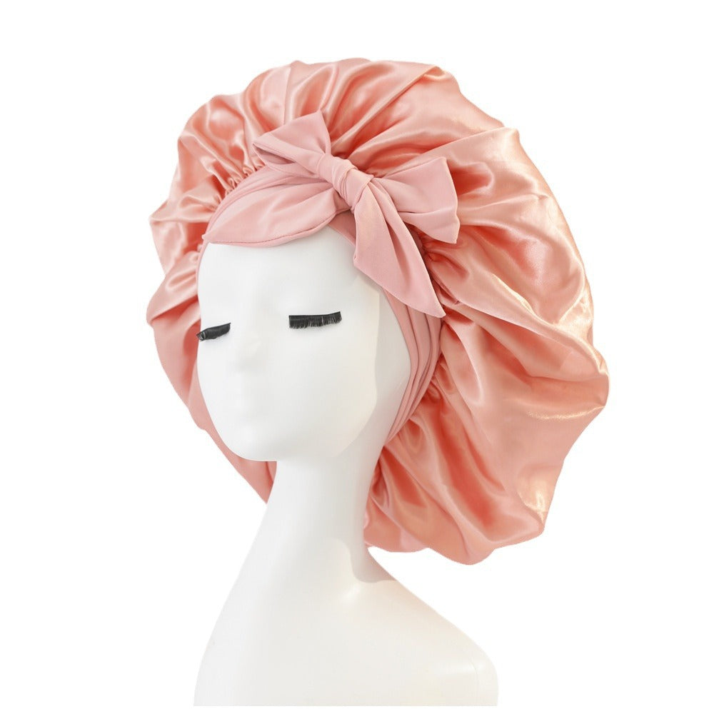 Elastic ribbon bow color Ding round hat solid color night cap wide-brimmed beauty hairdressing head scarf hat - E-Esther Clothing Store