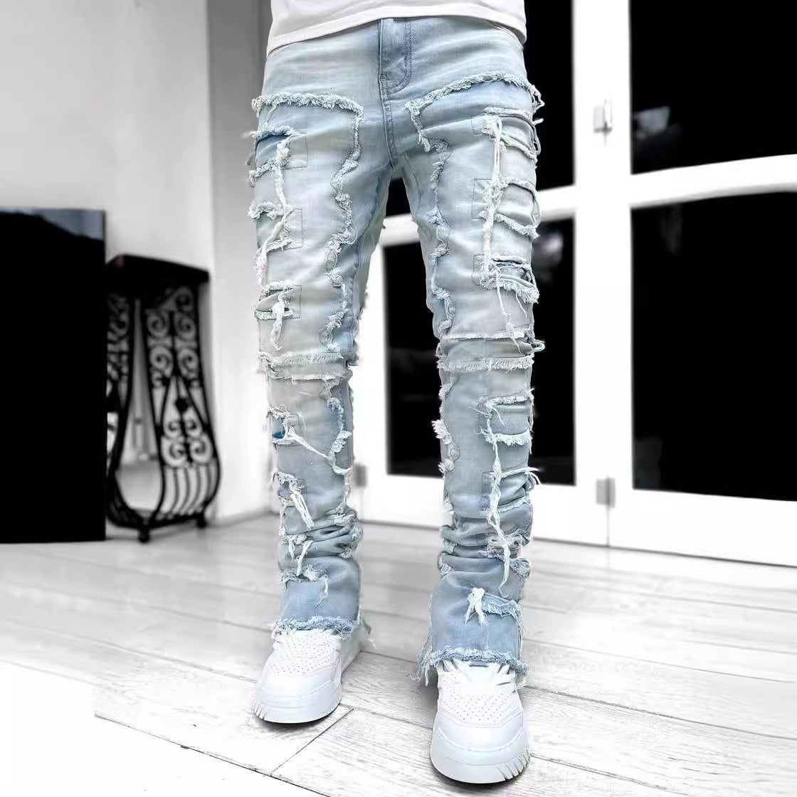 Men's denim straight leg pants with elastic patch fabric - E-Esther Clothing Store
