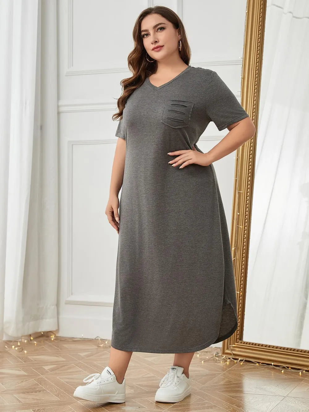 Plus Size Pocketed V-Neck Short Sleeve Lounge Dress - E-Esther Clothing Store