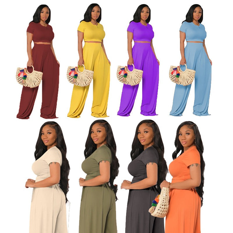 European and American Large Sized Womens Fashion Casual Wide Leg Two Piece Set for Women - E-Esther Clothing Store