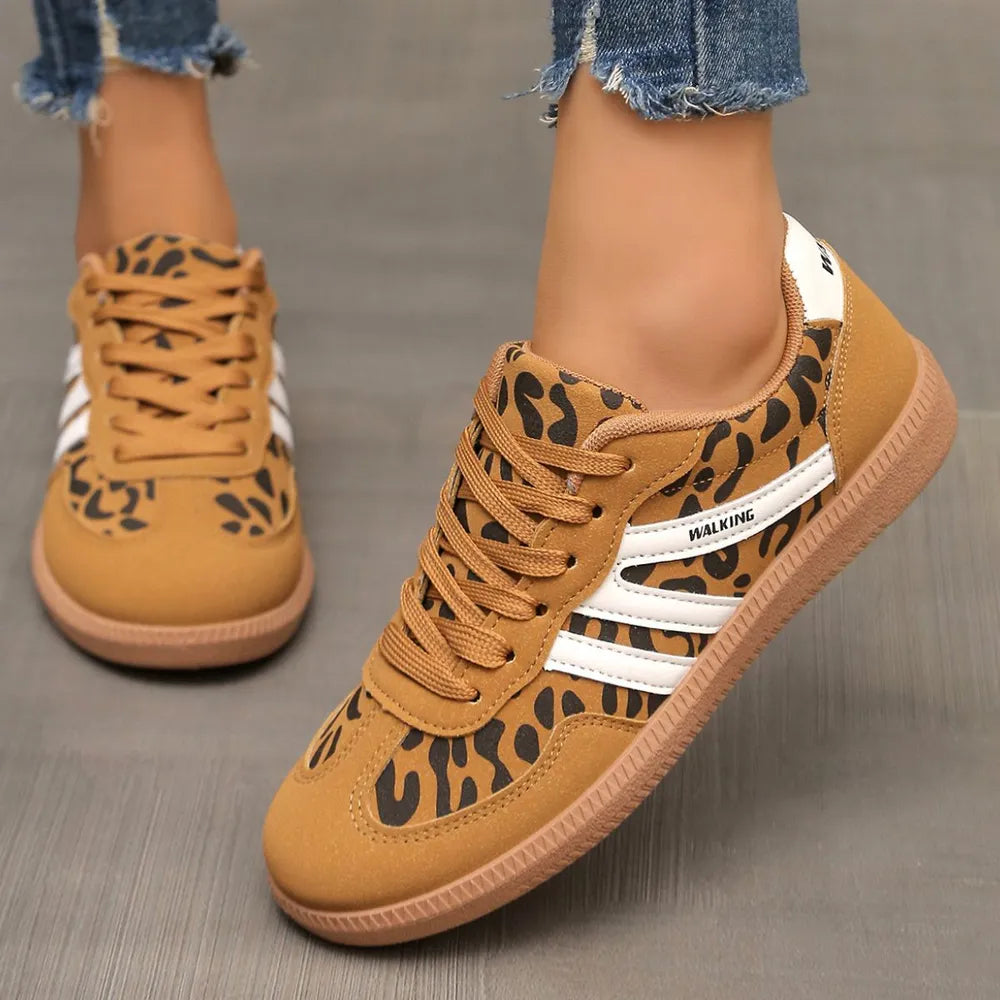 Leopard Round Toe Lace Up Sneakers - E-Esther Clothing Store