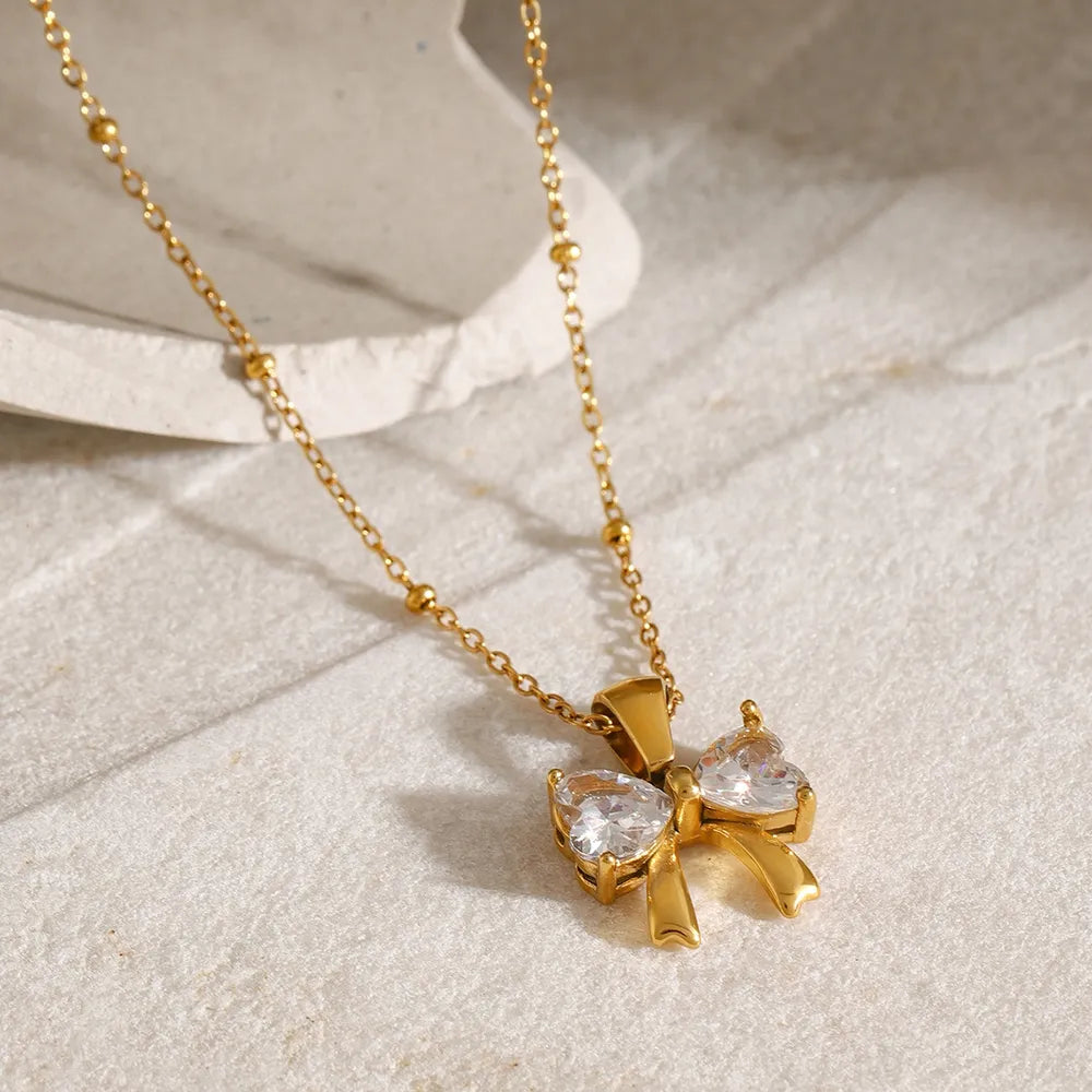 Stainless Steel Inlaid Zircon Bow Necklace - E-Esther Clothing Store
