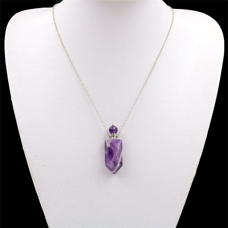 Natural Crystal Hexagonal Perfume Bottle Pendant Necklace Fluorite Pendant Essential Oil Jar Chain Necklace - E-Esther Clothing Store