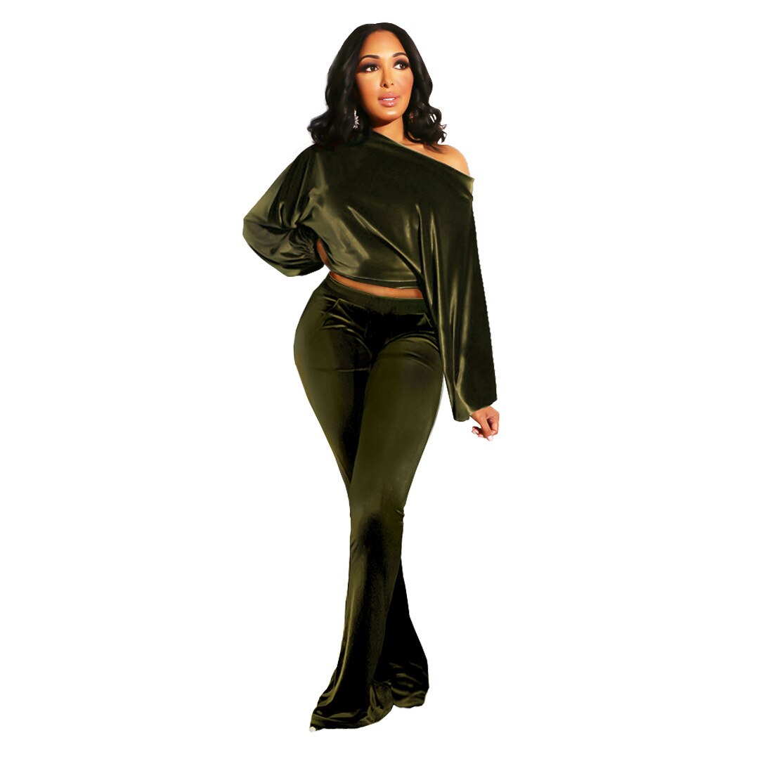 Autumn and Winter Women's Suit Pants Nightclub Sexy T-shirt Flannelette One Shoulder Slim Fit Elegant Women's 2-piece Set - E-Esther Clothing Store