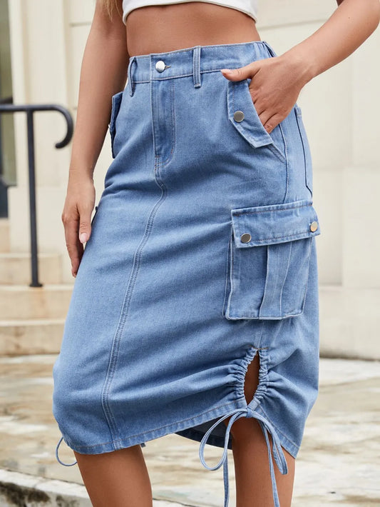 Drawstring Denim Skirt with Cargo Pockets - E-Esther Clothing Store